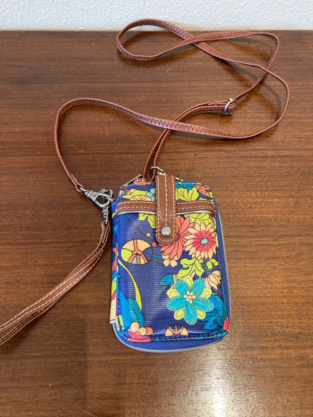 Sakroots Blue Floral Crossbody / Wristlet with Brown Strap